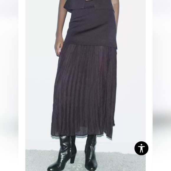 NWT ZARA BROWN MIXED PLEATED MIDI SKIRT - Picture 6 of 9